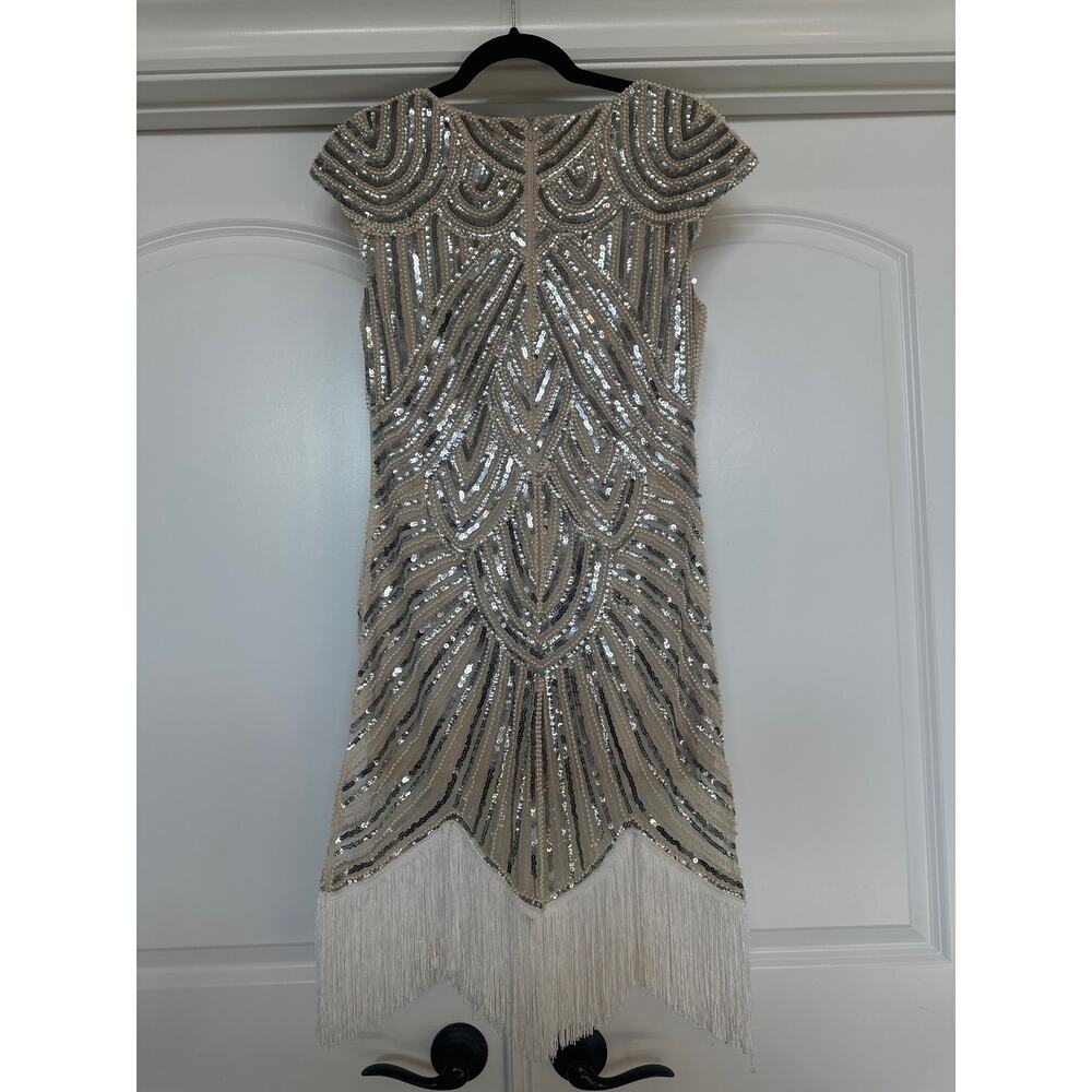 Vintage 20’s Silver and White Beaded and Sequins Flapper dress with Fringe - Picture 7 of 9